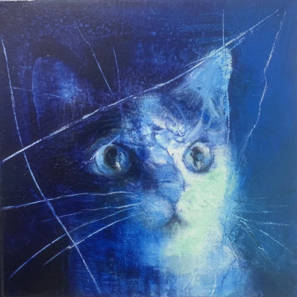 A portrait of a cat in a modern, blue expressionist style
