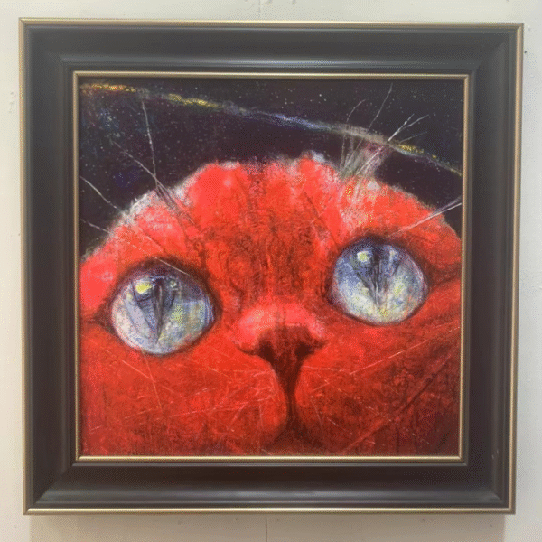 A cute portrait of a cat looking upwards in a modern expressionist style
