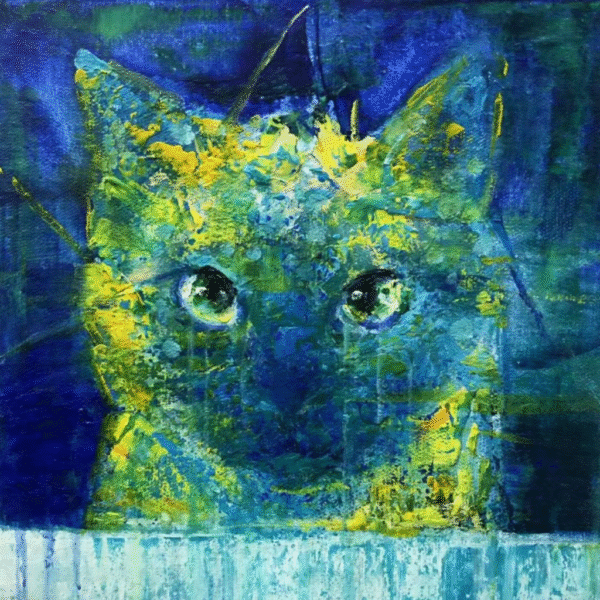 A blue and yellow portrait of a cat in a modern expressionist style