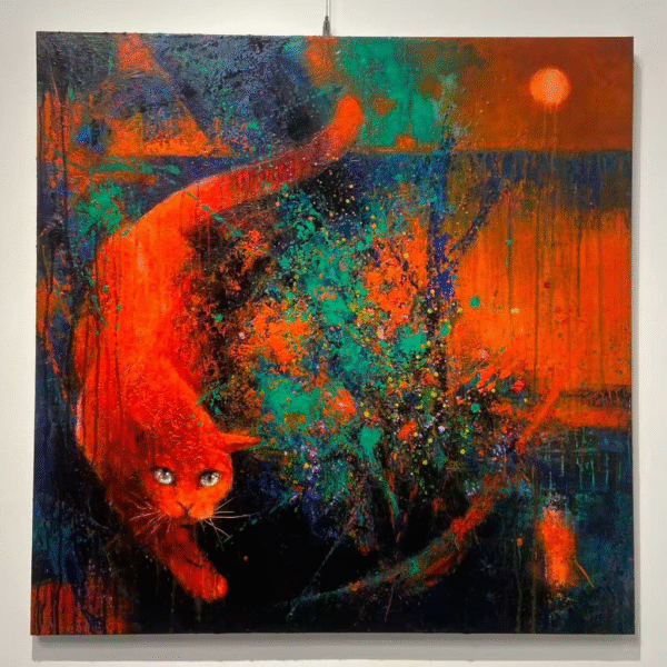 An expressionist portrait of a cat walking through undergrowth