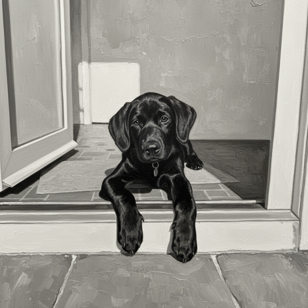 A realistic oil painting of a puppy sitting on a doorstep in black and white.